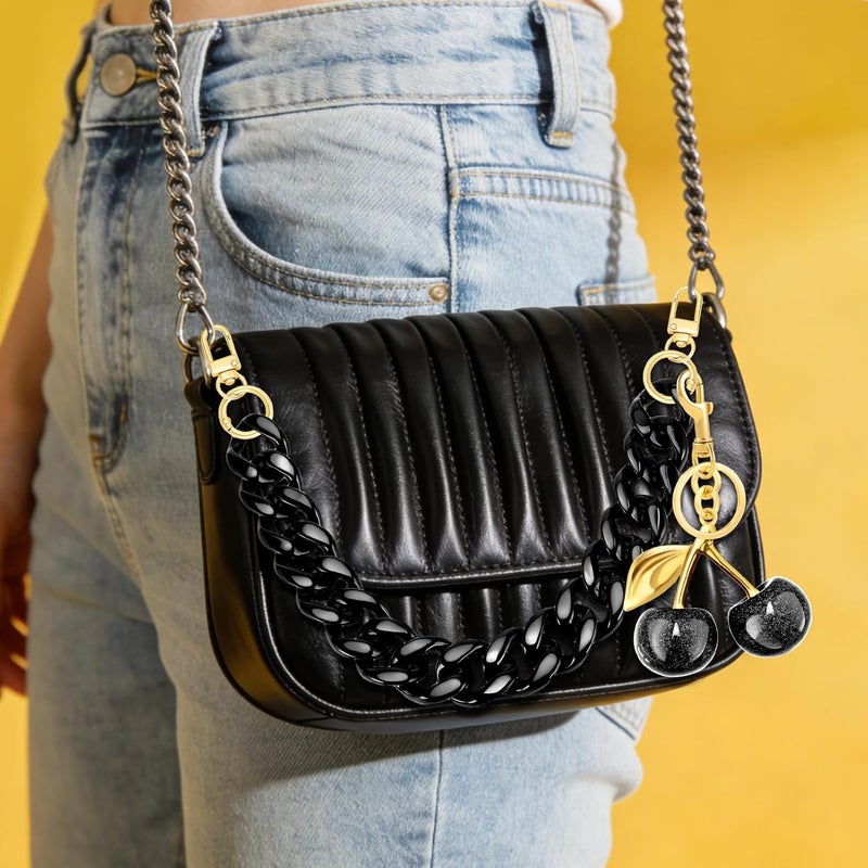 TUCEWP Black Purse Chain Strap 18.5 Inch Chunky Acrylic Bag Handle Shoulder Strap Replacement with Glitter Cherry Keychain Charms Luxury Handbag Decoration Chain Bag Accessories Charms for Women - Image 3